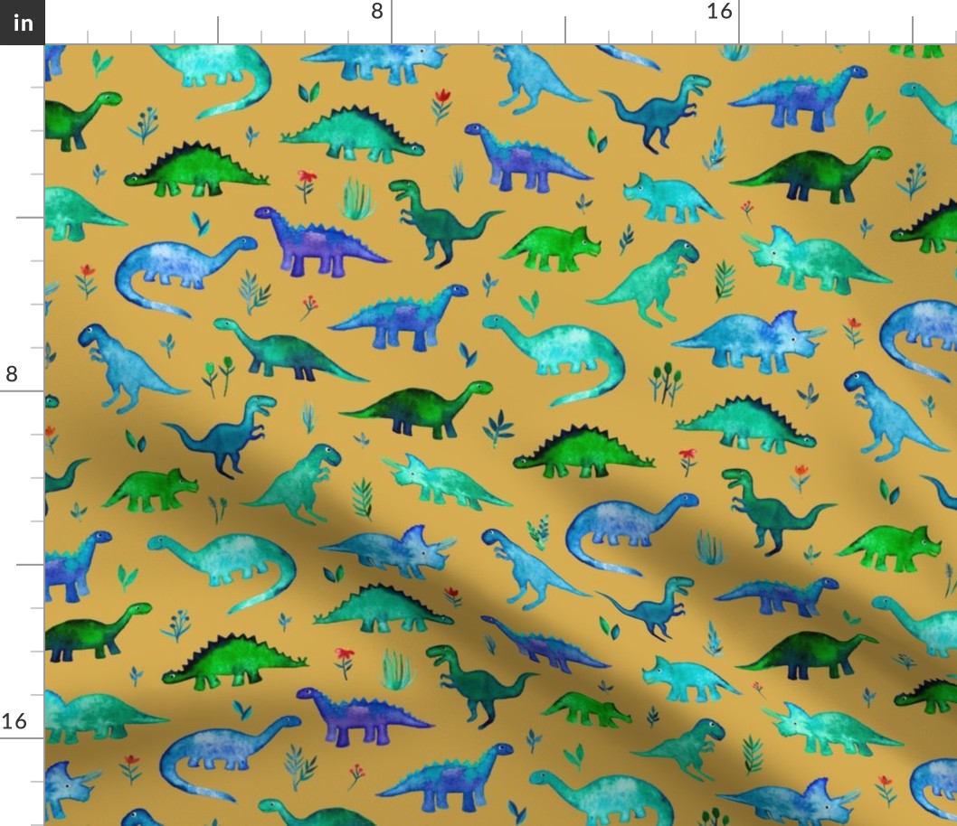 Tiny Dinos in Blue and Green on Mustard Large Print