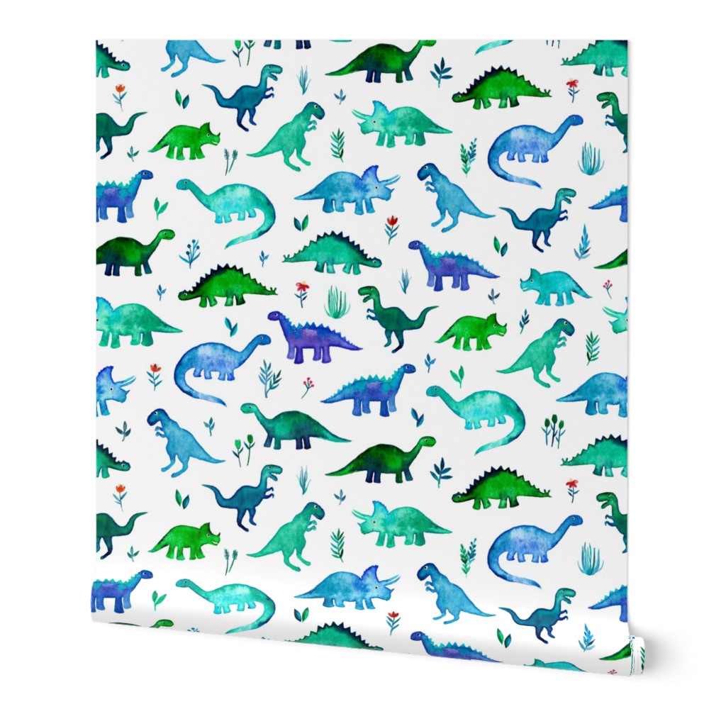 Tiny Dinos in Blue and Green on White Large Print