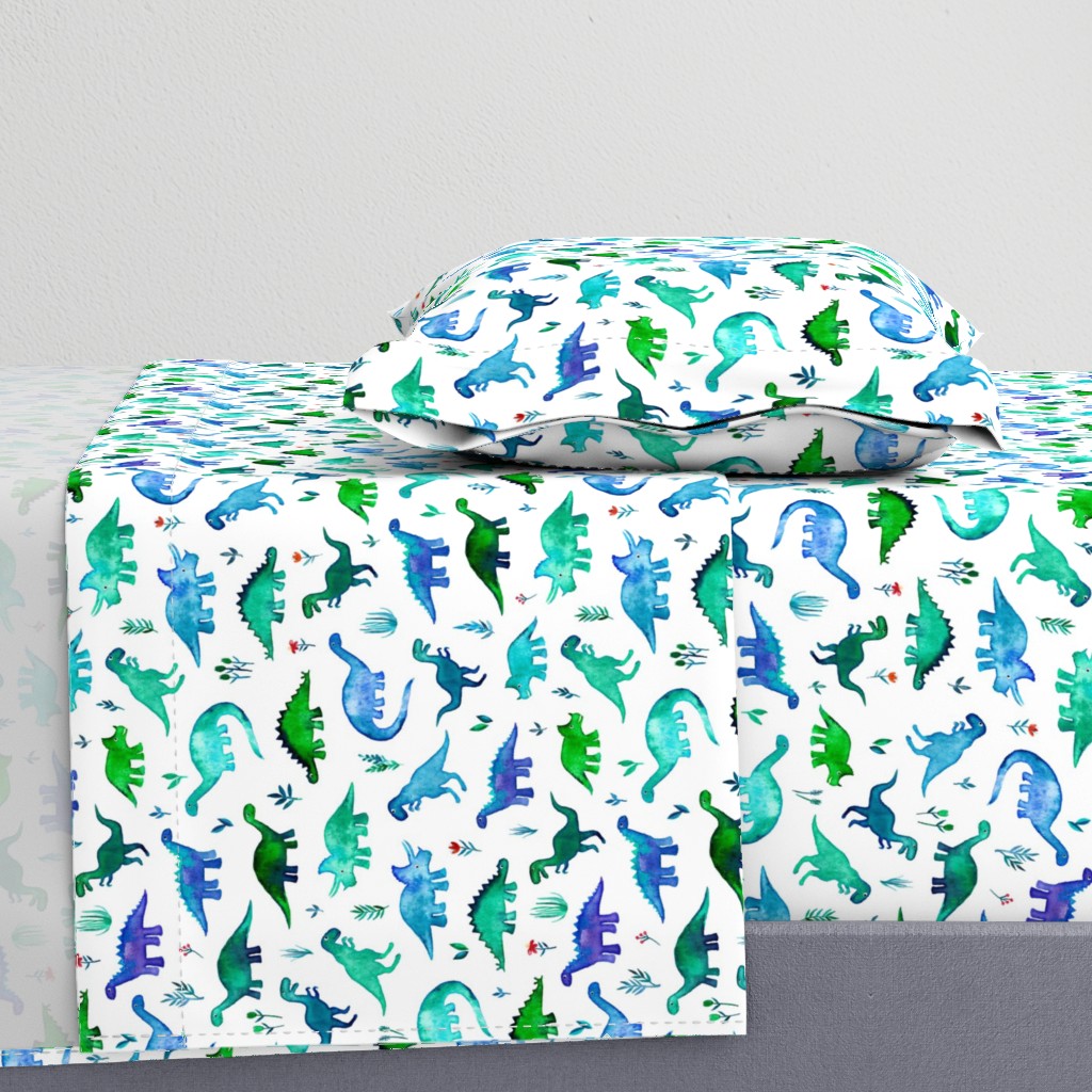 Tiny Dinos in Blue and Green on White Large Print