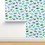 Tiny Dinos in Blue and Green on White Large Print