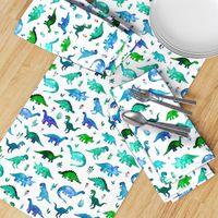 Tiny Dinos in Blue and Green on White Large Print