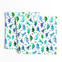 Tiny Dinos in Blue and Green on White Large Print