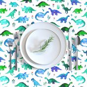 Tiny Dinos in Blue and Green on White Large Print