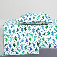 Tiny Dinos in Blue and Green on White Large Print