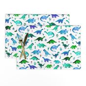 Tiny Dinos in Blue and Green on White Large Print