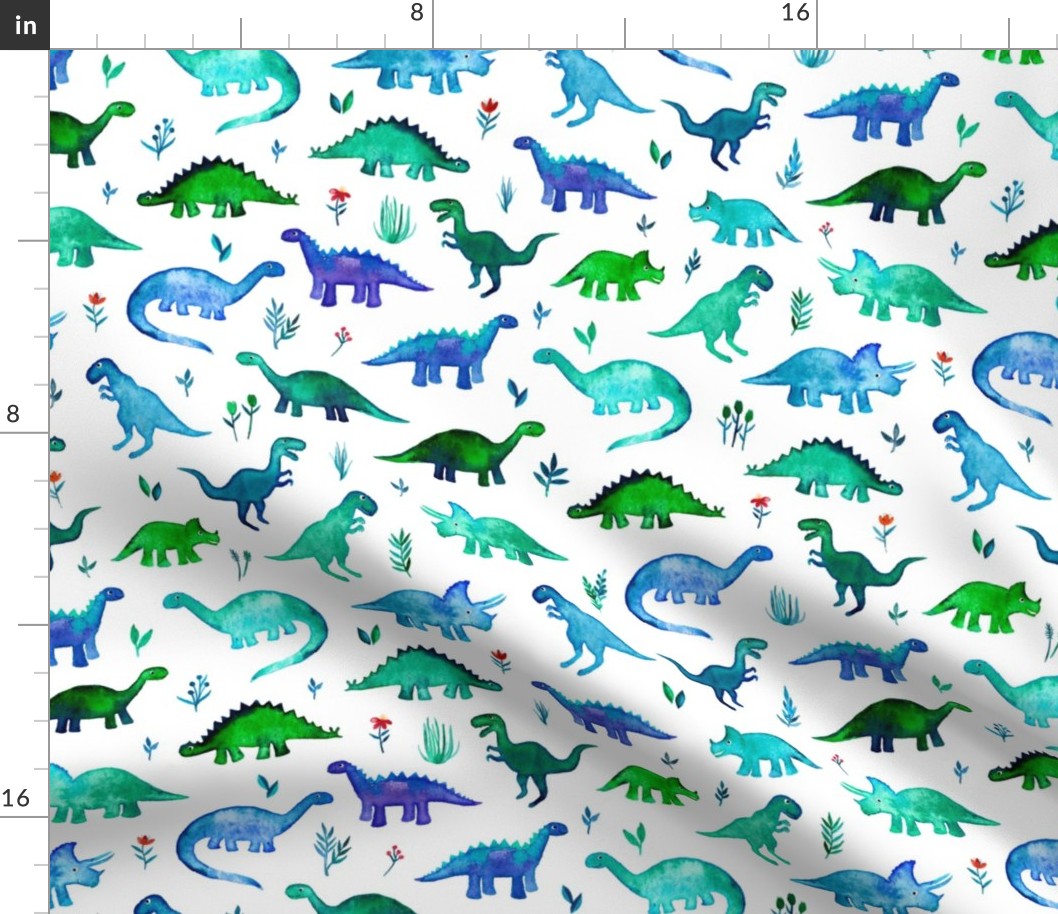Tiny Dinos in Blue and Green on White Large Print