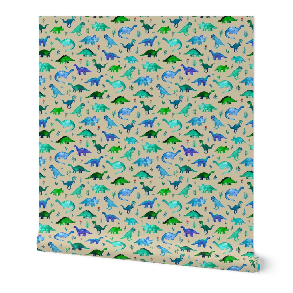 Tiny Dinos in Blue and Green on Tan Large Print