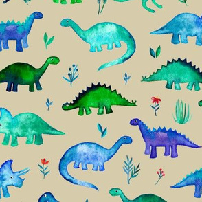 Tiny Dinos in Blue and Green on Tan Large Print