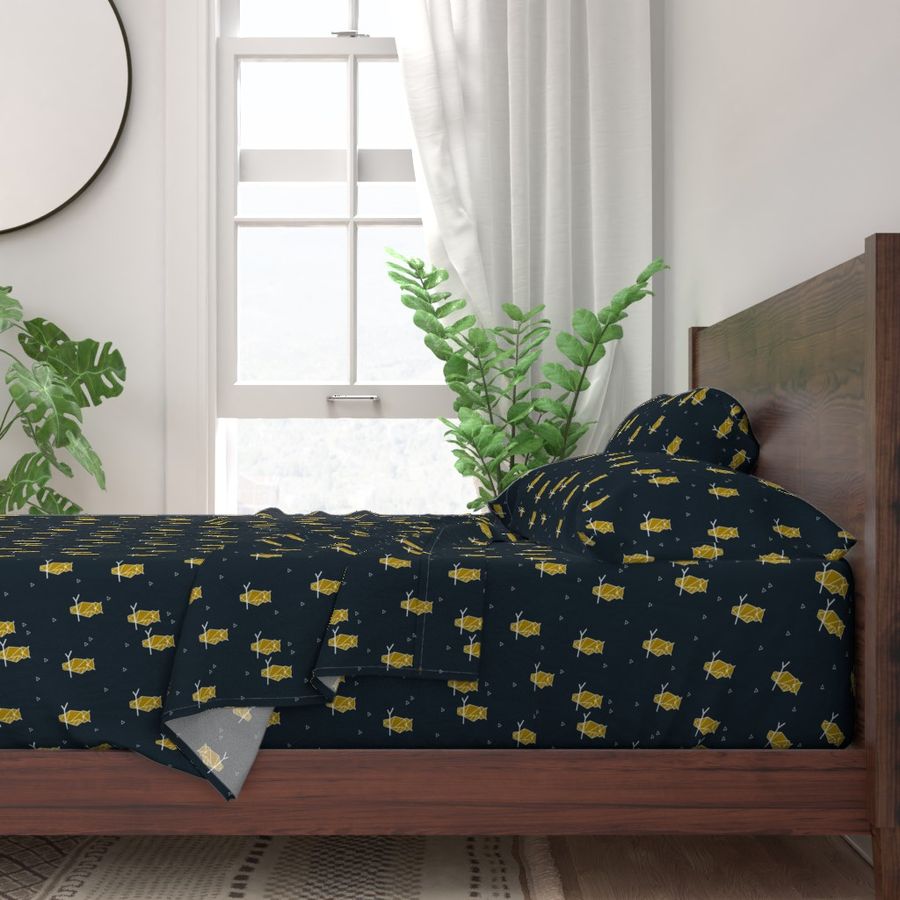 Owls - geometric woodland animals birds mustard golden on navy || by sunny afternoon