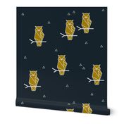 Owls - geometric woodland animals birds mustard golden on navy || by sunny afternoon