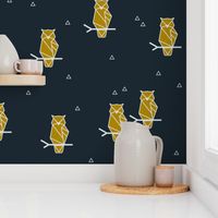 Owls - geometric woodland animals birds mustard golden on navy || by sunny afternoon