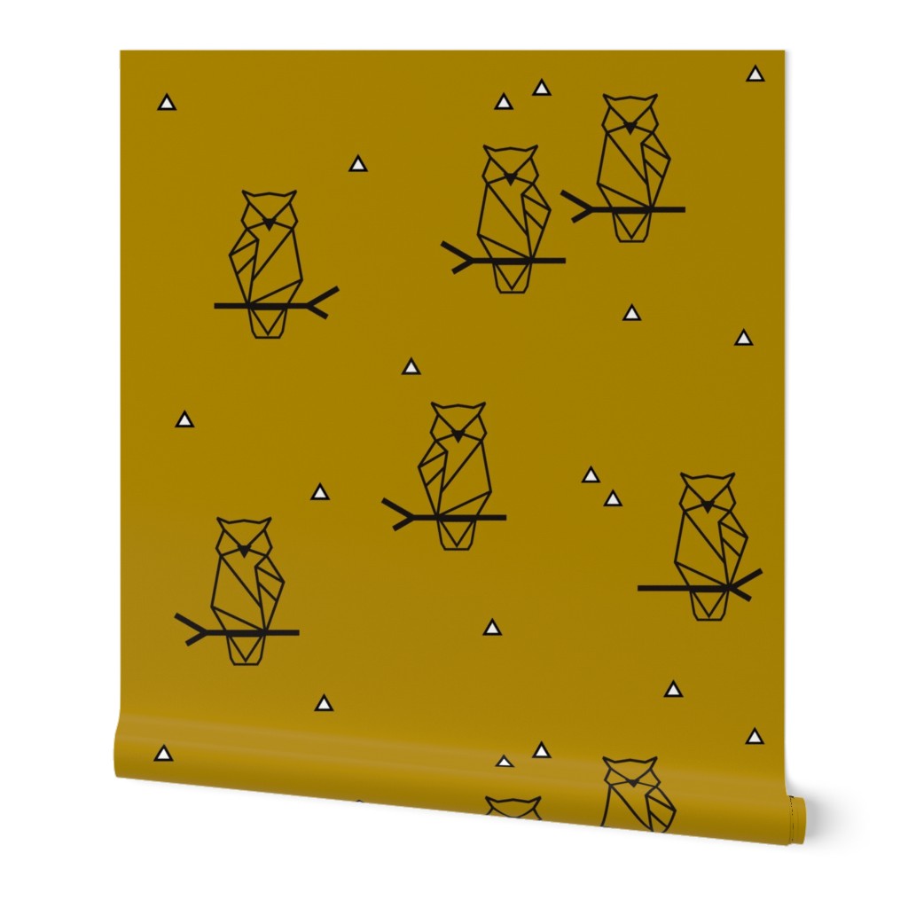 Geometric owls - black on mustard gold night woodland animals birds woods forrest || by sunny afternoon