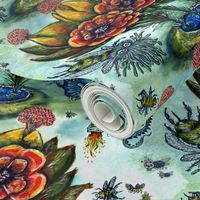 Surreal Watercolor Flowers & Bugs, large scale, green blue