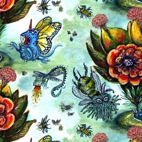 Surreal Watercolor Flowers & Bugs, large scale, green blue