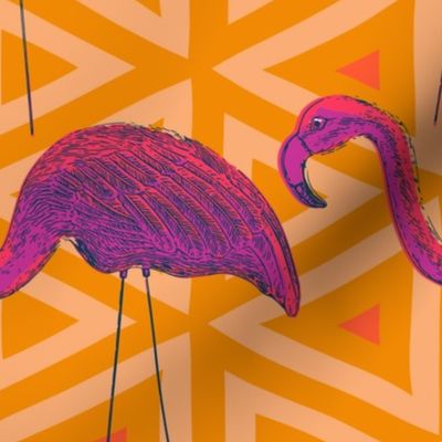 Flamingo Retro on Yellow Triangle Background 