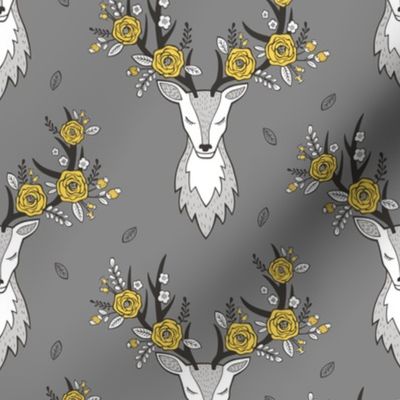 Deer Head on Dark Grey Yellow Flowers