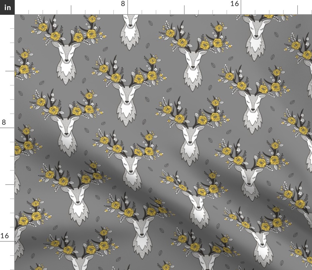 Deer Head on Dark Grey Yellow Flowers