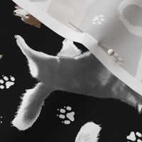 Trotting Siberian Husky and paw prints - black