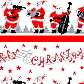 stars Santa Claus Merry Christmas singing carolling carols singing songs trumpets horns violins cello accordion lamps music trees musicians  concerts vintage retro kitsch