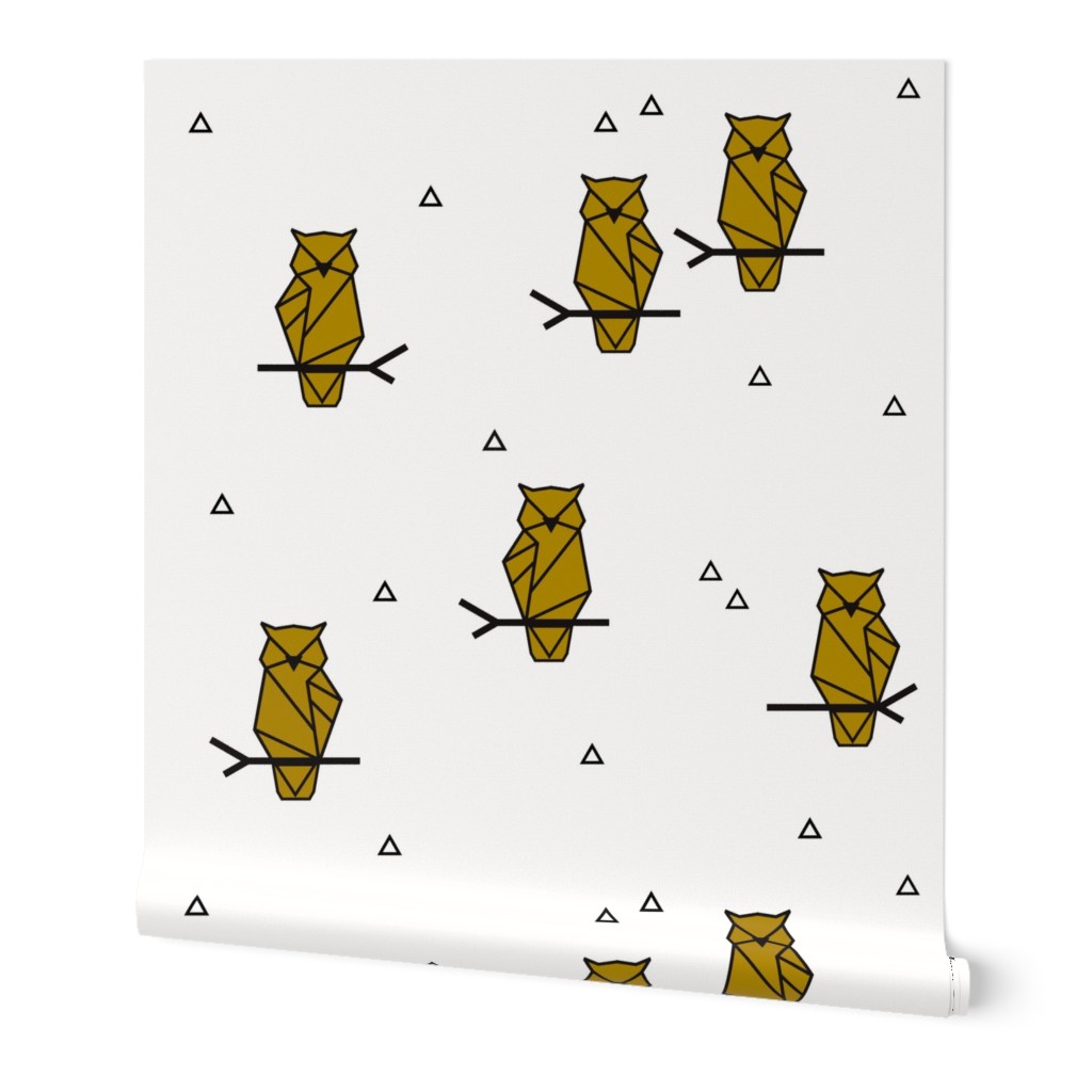 Owls - geometric birds woodland animals Forrest mustard yellow black and white || by sunny afternoon