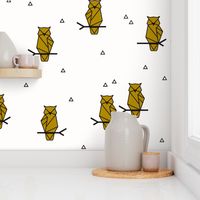 Owls - geometric birds woodland animals Forrest mustard yellow black and white || by sunny afternoon