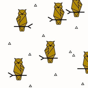 Owls - geometric birds woodland animals Forrest mustard yellow black and white || by sunny afternoon
