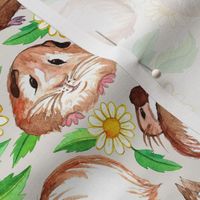 Guinea Pigs and Daisies in Watercolor on Light Tan