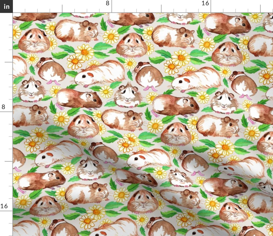 Guinea Pigs and Daisies in Watercolor on Light Tan