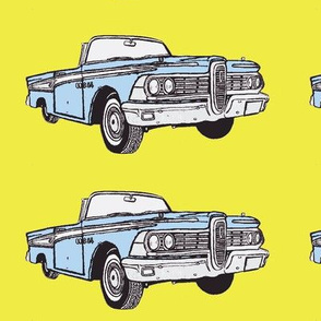 light blue 1959 Edsel Corsair convertible on yellow background