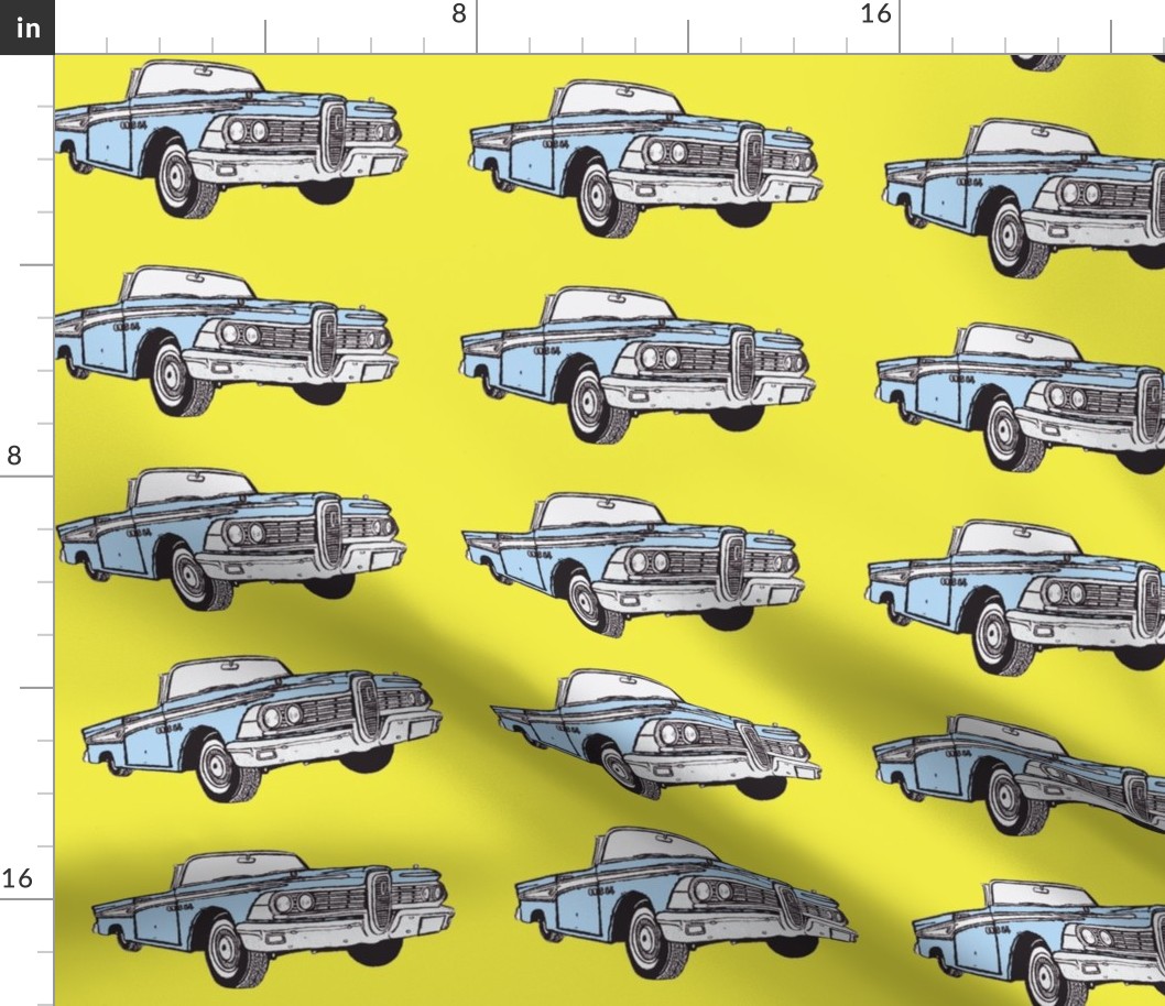 light blue 1959 Edsel Corsair convertible on yellow background