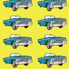 aqua 1959 Edsel Corsair convertibles in straight rows on yellow 