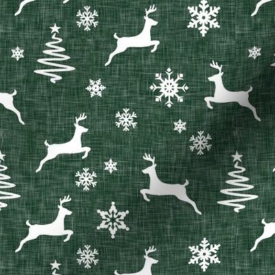 reindeer on forest green linen 