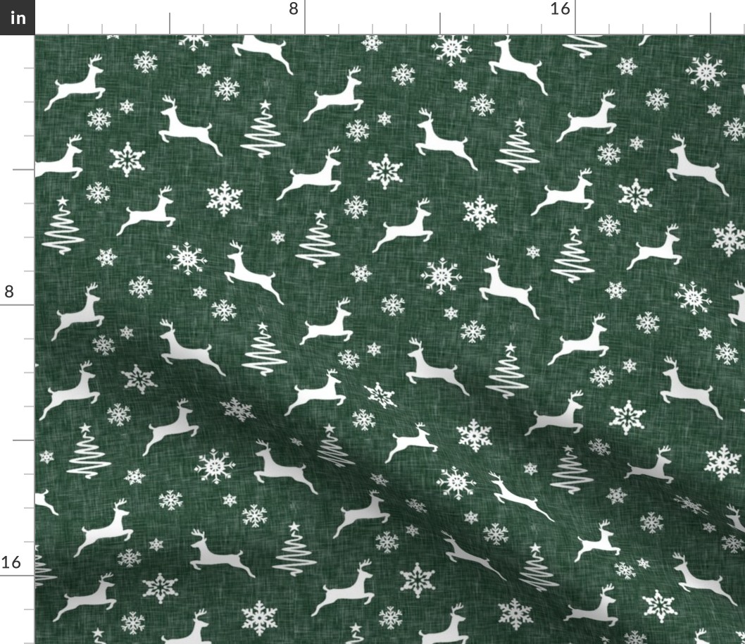 reindeer on forest green linen 