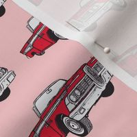 Red 1959 Edsel Corsair convertible on pink background