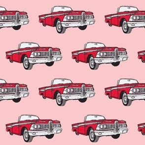 Red 1959 Edsel Corsair convertible on pink background