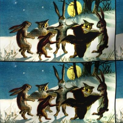 rabbits owls night snow winter trees stars plants grass hills trees game tag blind man's buff playing animals vintage retro kitsch birds