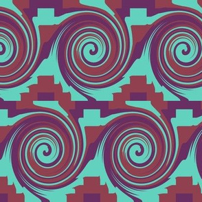 WD2 -  Rolling Circular Waves and Zigzag Pyramids, turquoise, maroon and purple,  large  scale, half brick repeat