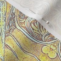 MRN1 - Large - Hand Drawn Abstract Morning Reverie Abstract with Birds, Nests and Coffee Cups in Golden Yellow and Grey