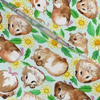 Guinea Pigs and Daisies in Watercolor on Pale Mint