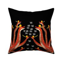 red serpents on black with white flowers and gold orbs