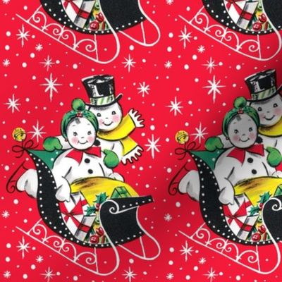 Merry Christmas snowman snow snowflakes stars winter sleigh mistletoe bows bells gifts presents baubles top hats vintage retro kitsch