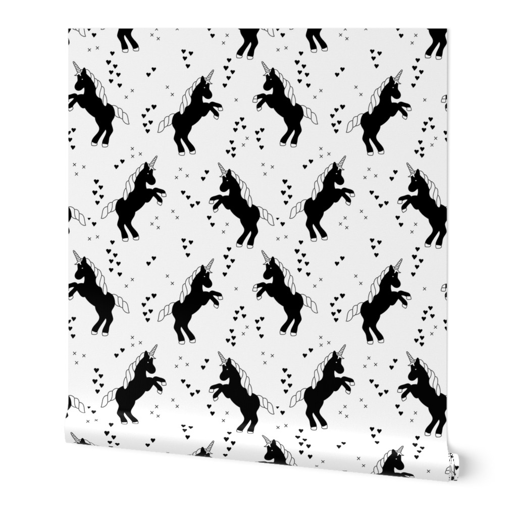 Black and white monichrome unicorn dreams hearts and geometric crosses fun girls design