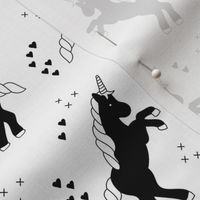 Black and white monichrome unicorn dreams hearts and geometric crosses fun girls design