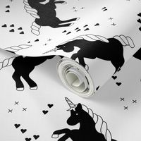 Black and white monichrome unicorn dreams hearts and geometric crosses fun girls design