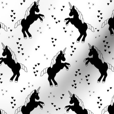 Black and white monichrome unicorn dreams hearts and geometric crosses fun girls design