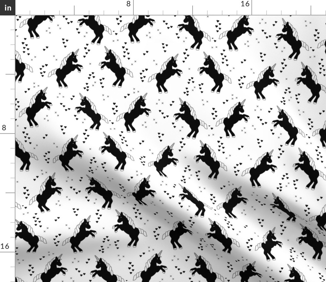 Black and white monichrome unicorn dreams hearts and geometric crosses fun girls design