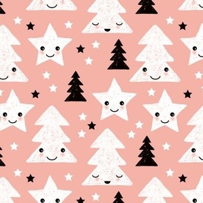 Merry christmas kawaii seasonal christmas trees and stars Japanese illustration print pastel pink