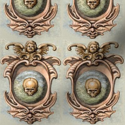 skulls grotesque cherubs angels heads earth planets Victorian gothic halloween pagan Wicca witchcraft antique bones skeletons spooky macabre morbid