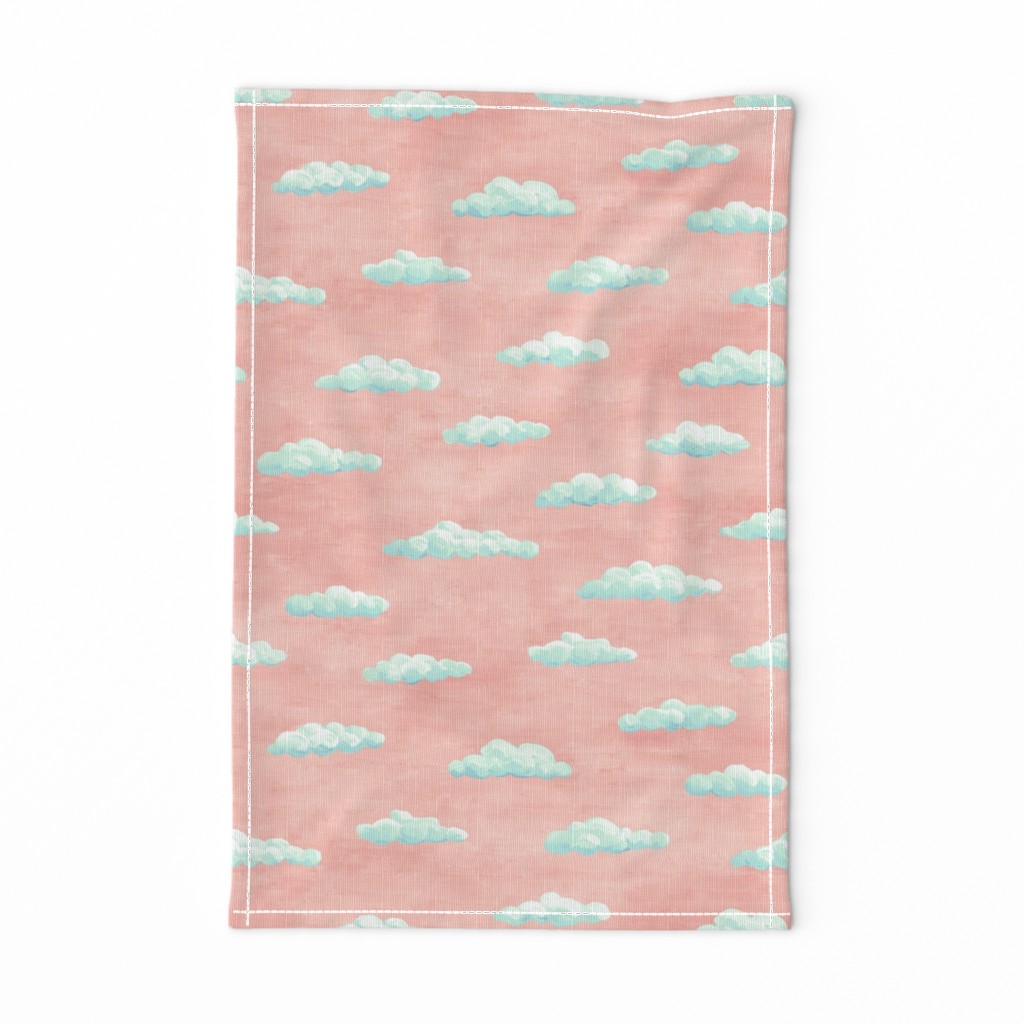 painted clouds - blue and mint on coral pink