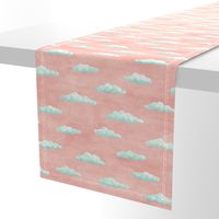 painted clouds - blue and mint on coral pink